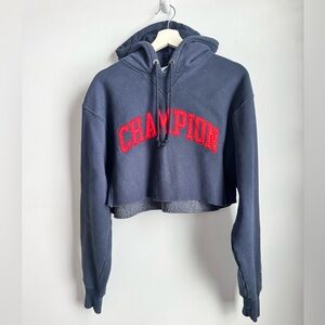 Champion Reverse Weave Cropped Navy Hoodie with Red Lettering Size Small